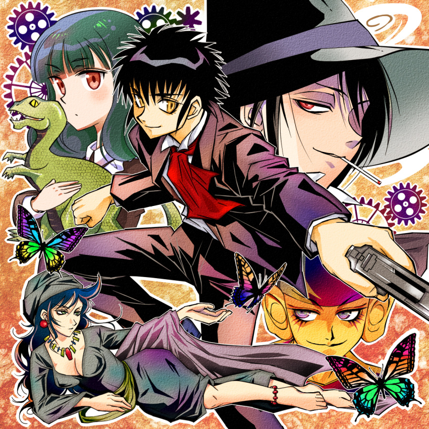 2girls, 3boys, black_hair, butterfly, cigarette, crazy_pierrot, creator_connection, dual_persona