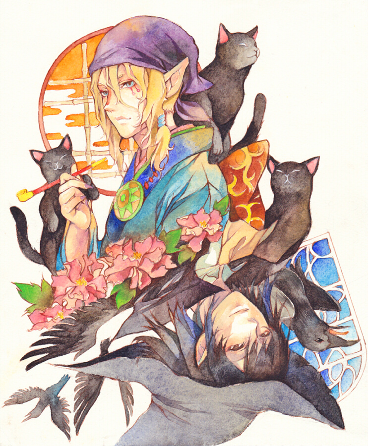 2boys, bandana, bird, black_hair, blonde_hair, cat, crossover, crow