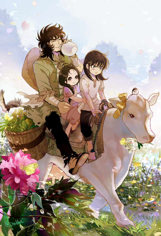 1girl, 2boys, black_hair, bottle, bow, child, cow, dragon_shiryu