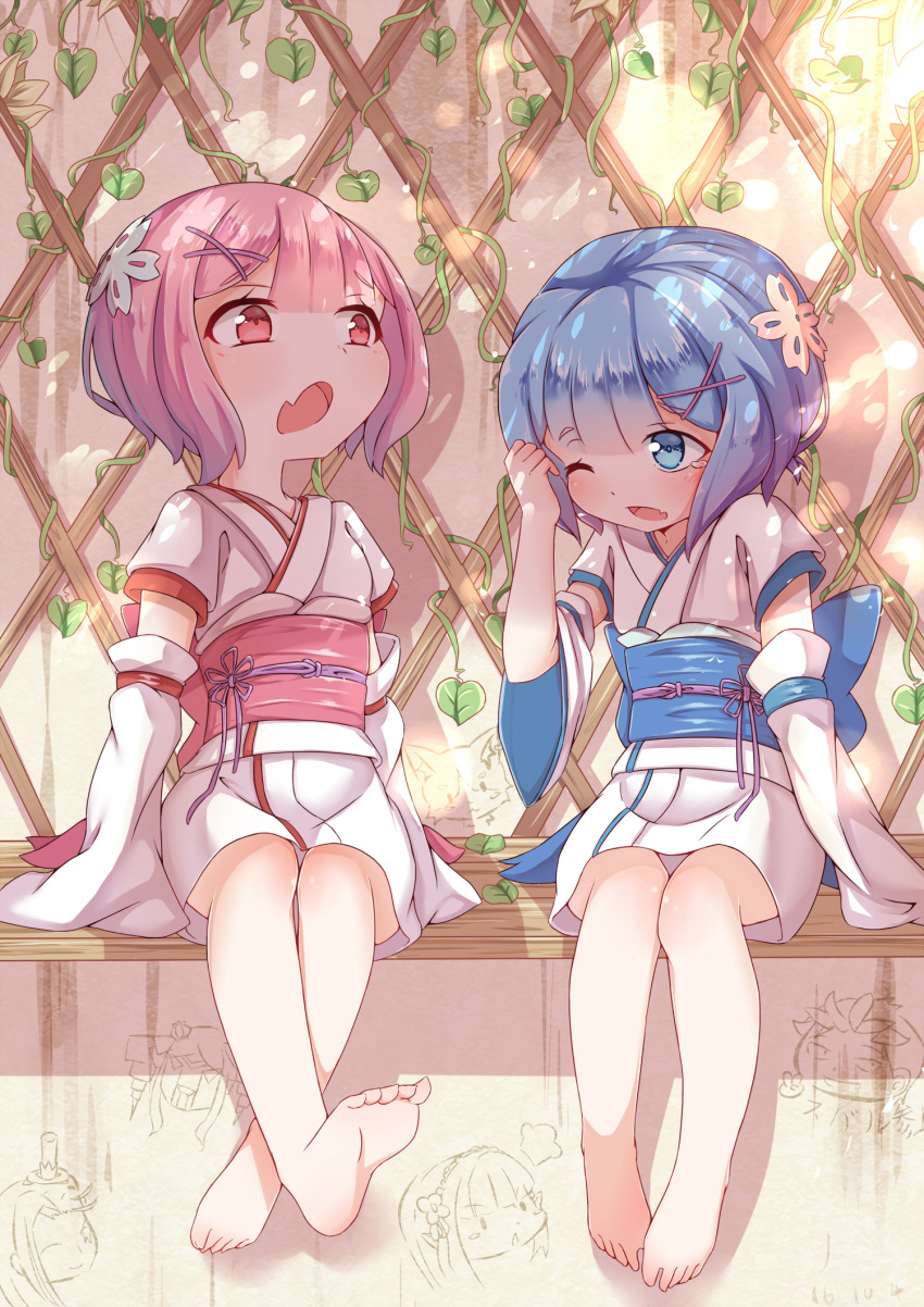 2girls, barefoot, beatrice_(re:zero), blue_eyes, blue_hair, detached_sleeves, emilia_(re:zero), feet
