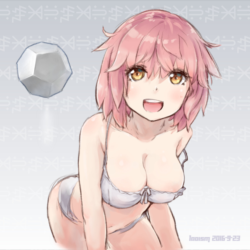 1girl, :d, artist_name, bare_shoulders, bra, breasts, cleavage, collarbone