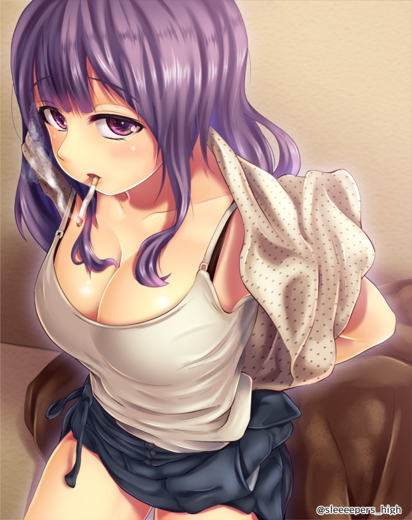 1girl, black_bra, bra, breasts, cleavage, collarbone, daiwa_(daicon), from_above, highres, long_hair, looking_at_viewer, medium_breasts, original, purple_hair, smoke, smoking, solo, tank_top, twitter_username, underwear