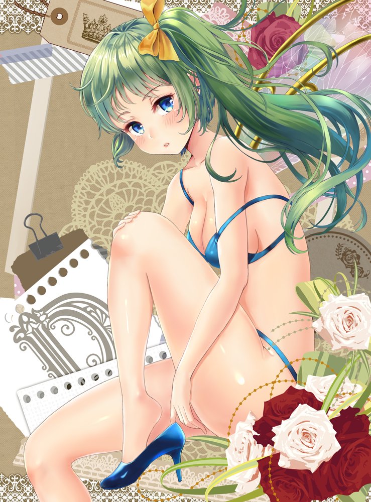 1girl, :o, alternate_costume, bare_arms, bare_shoulders, bikini, blue_bikini, blue_eyes