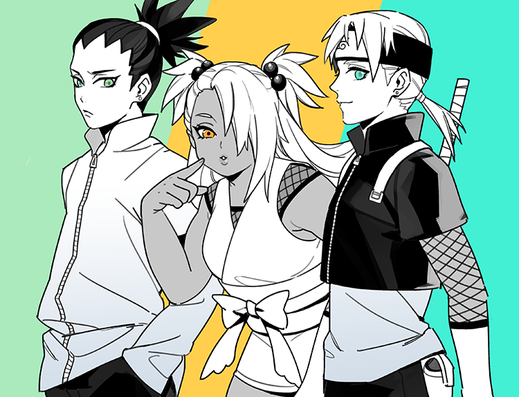 1girl, 2boys, akimichi_chouchou, black_hair, blue_eyes, facial_mark, fishnets, forehead_mark
