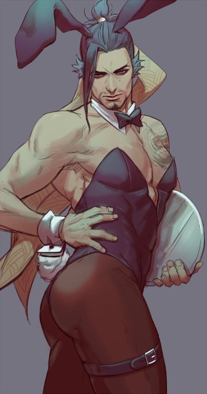1boy, animal_ears, ass, beard, black_hair, bow, bowtie, bunny_tail, bunnysuit, chonmage, collar, commentary_request, cowboy_shot, facial_hair, garters, grey_hair, hair_ribbon, hand_on_hip, hanzo_(overwatch), highres, kkangcheol, looking_at_viewer, overwatch, pantyhose, rabbit_ears, ribbon, simple_background, solo, tail, tattoo, tray, wrist_cuffs