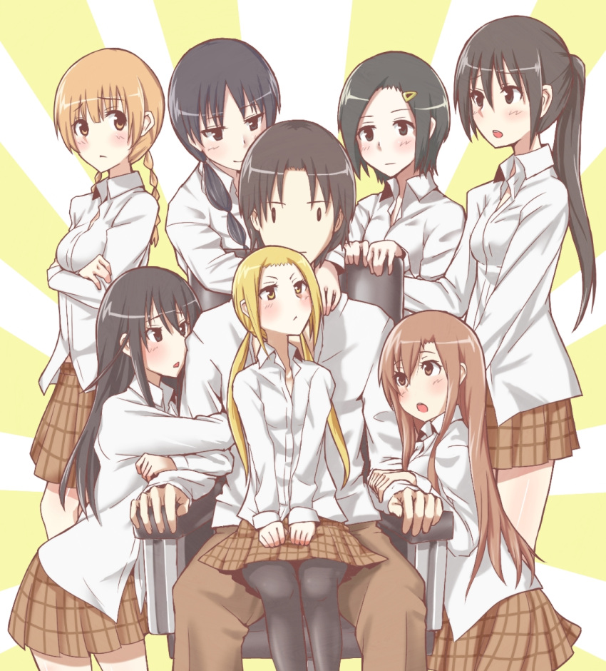 1boy, 6+girls, :o, amakusa_shino, arm_hug, black_eyes, black_hair, blonde_hair