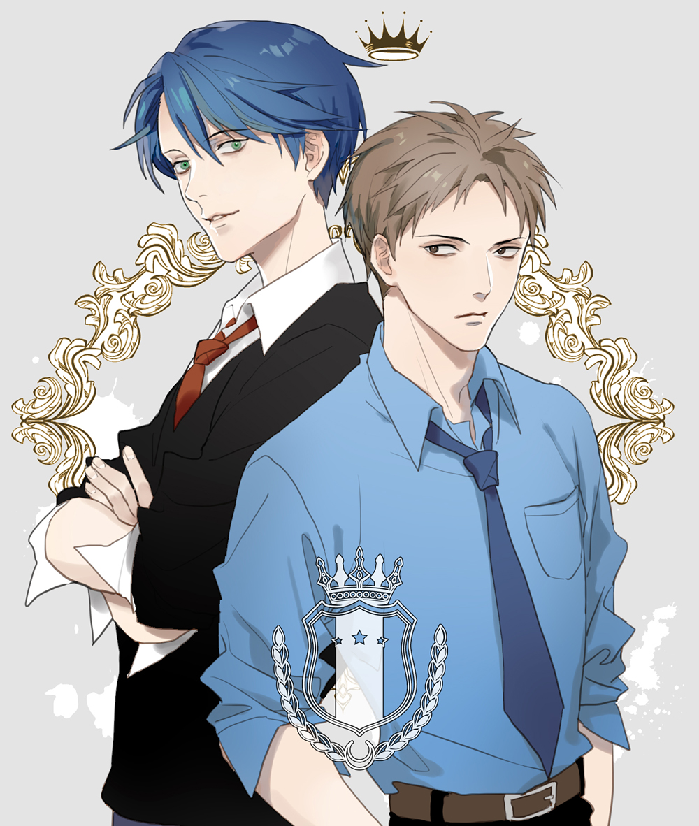 1boy, 1girl, belt, blue_hair, brown_hair, gekkan_shoujo_nozaki-kun, green_eyes, hori_masayuki