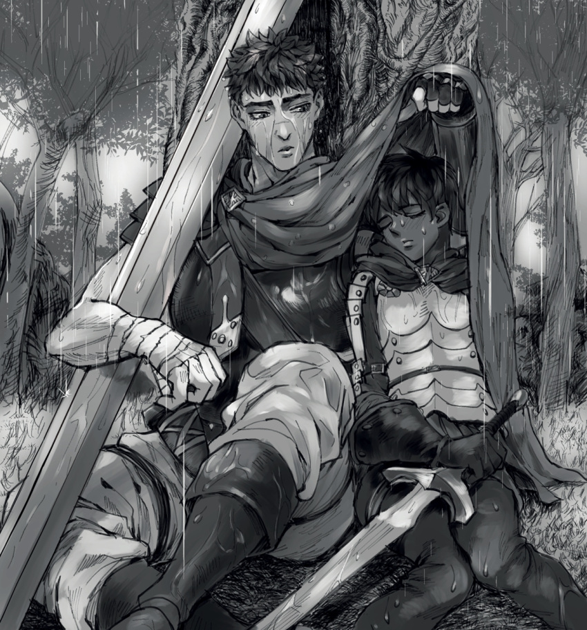 1boy, 1girl, armor, bandages, berserk, black_hair, blush, boots