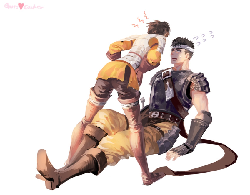 1boy, 1girl, armor, bandages, belt, berserk, black_hair, blush