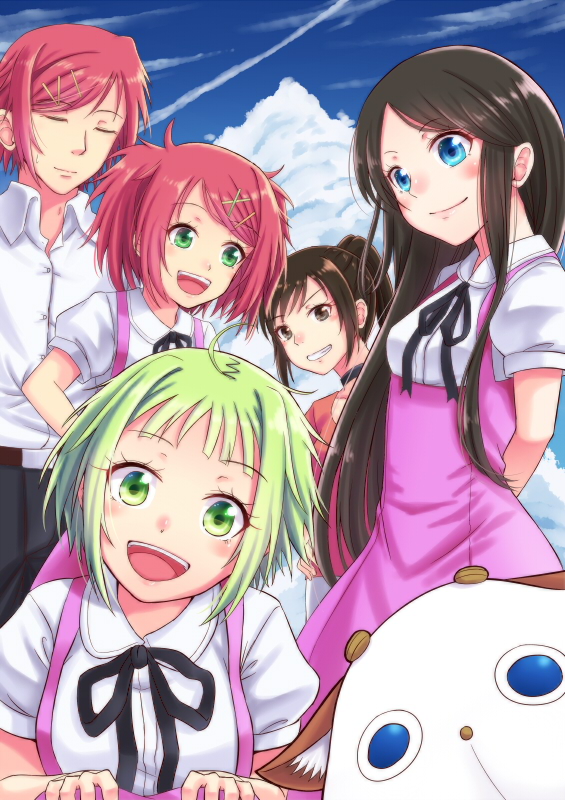 1boy, 4girls, :d, ahoge, amanchu!, arms_behind_back, belt, black_hair