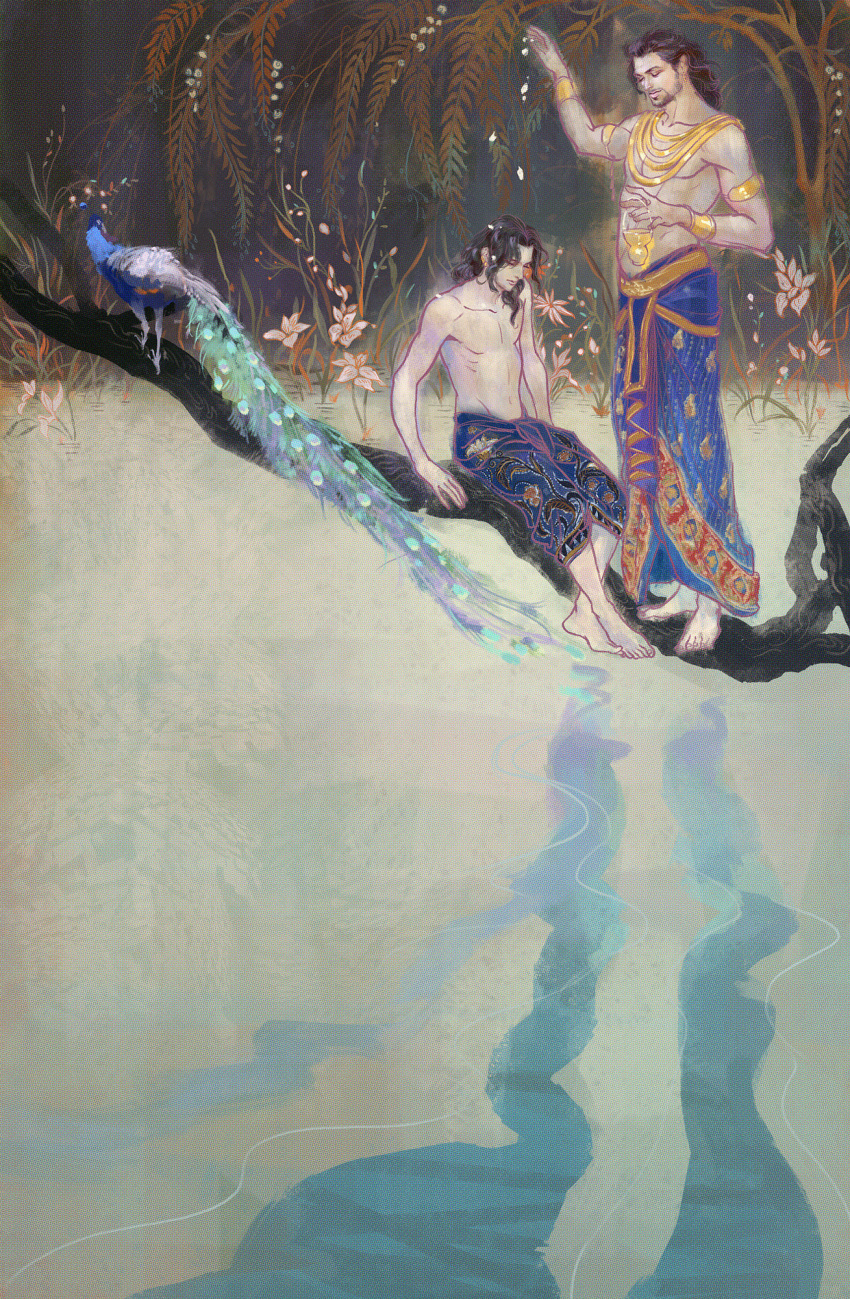 2boys, barefoot, bird, black_hair, bracelet, duryodhana, earrings, flower, hao_&amp;_su, highres, jewelry, karna, long_hair, mahabharata, multiple_boys, navel, peacock, topless, tree, water