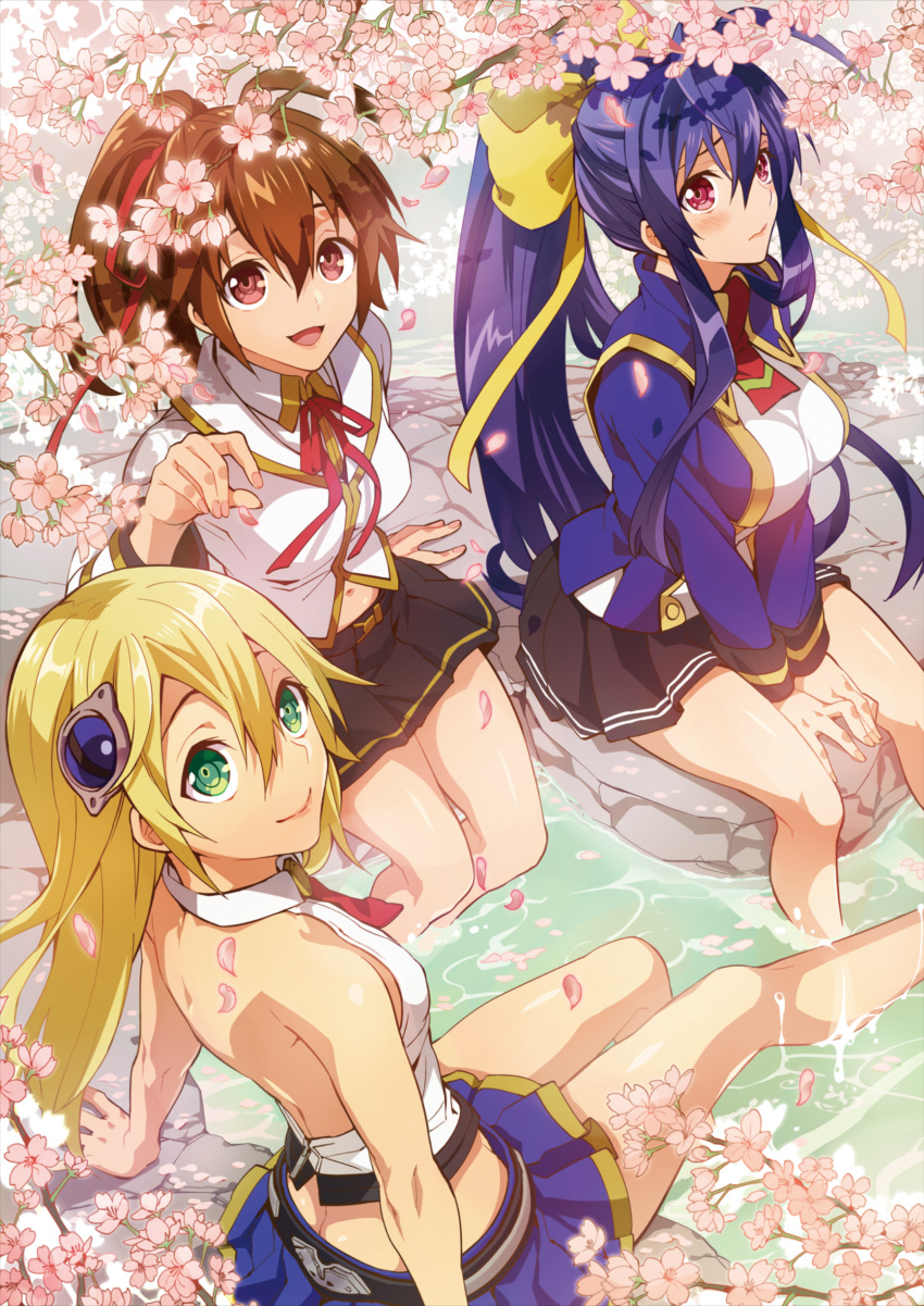 3girls, absurdres, ahoge, antenna_hair, backless_outfit, bare_legs, bare_shoulders, barefoot