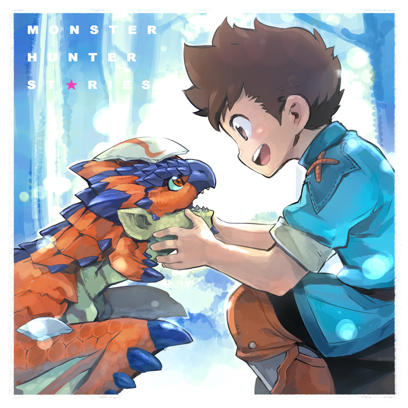 1boy, brown_eyes, brown_hair, eggshell, eye_contact, fuse_ryuuta, glavenus, glavenus_(armor), hand_on_another's_face, looking_at_another, monster, monster_hunter_stories, red_eyes, ryuuto_(monster_hunter_stories), sharp_teeth, short_hair, teeth