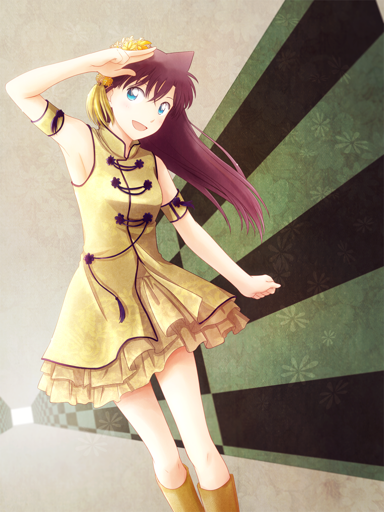 1girl, armpits, arya_(tianhua), blue_eyes, brown_hair, frilled_skirt, frills, hair_ornament, long_hair, meitantei_conan, mouri_ran, open_mouth, skirt, solo, yellow_skirt