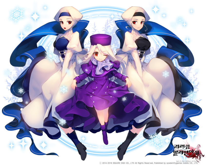 3girls, between_legs, black_legwear, blue_legwear, blue_n, boots, copyright_name, dress