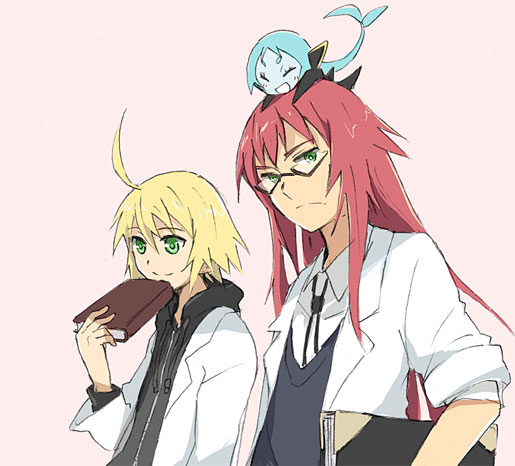 2boys, aqua_(tales_of_symphonia), aster, aster_(tales_of_symphonia), blonde_hair, blue_hair, book, glasses, green_eyes, long_hair, multiple_boys, red_hair, redhead, richter_abend, smile, tales_of_(series), tales_of_symphonia, tales_of_symphonia_knight_of_ratatosk, uniform