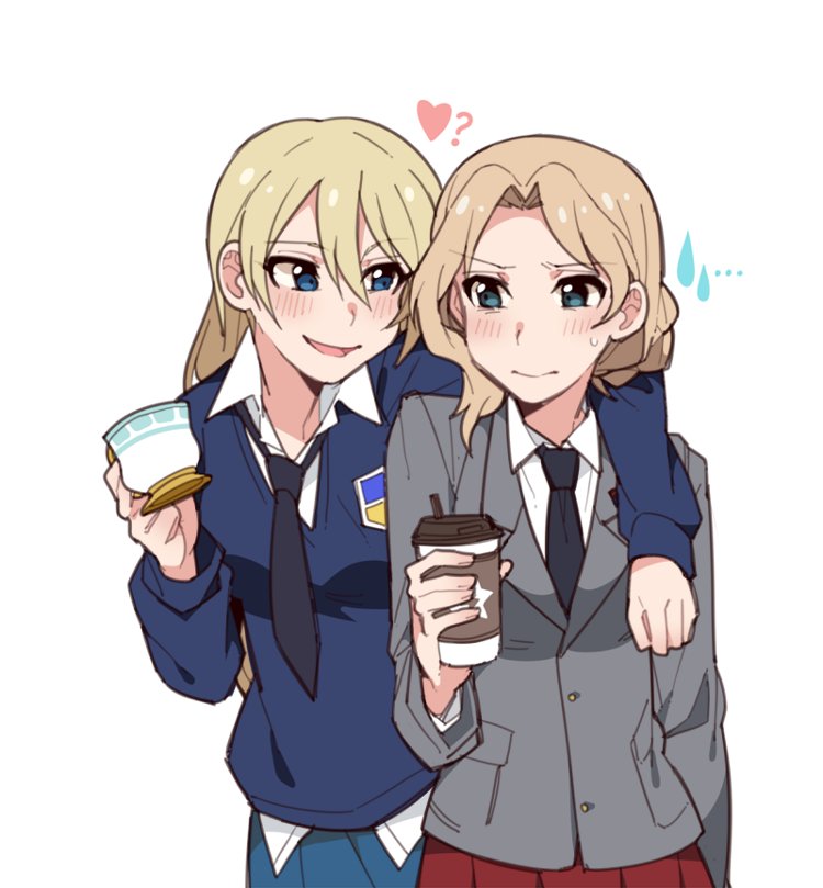 2girls, arm_around_shoulder, arm_around_shoulders, black_necktie, blush, cup, darjeeling, girls_und_panzer