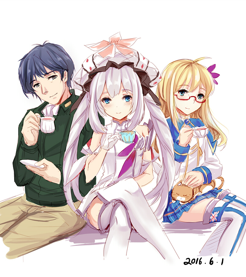 1boy, 2girls, ahoge, black_hair, blonde_hair, blue_eyes, blush, capelet