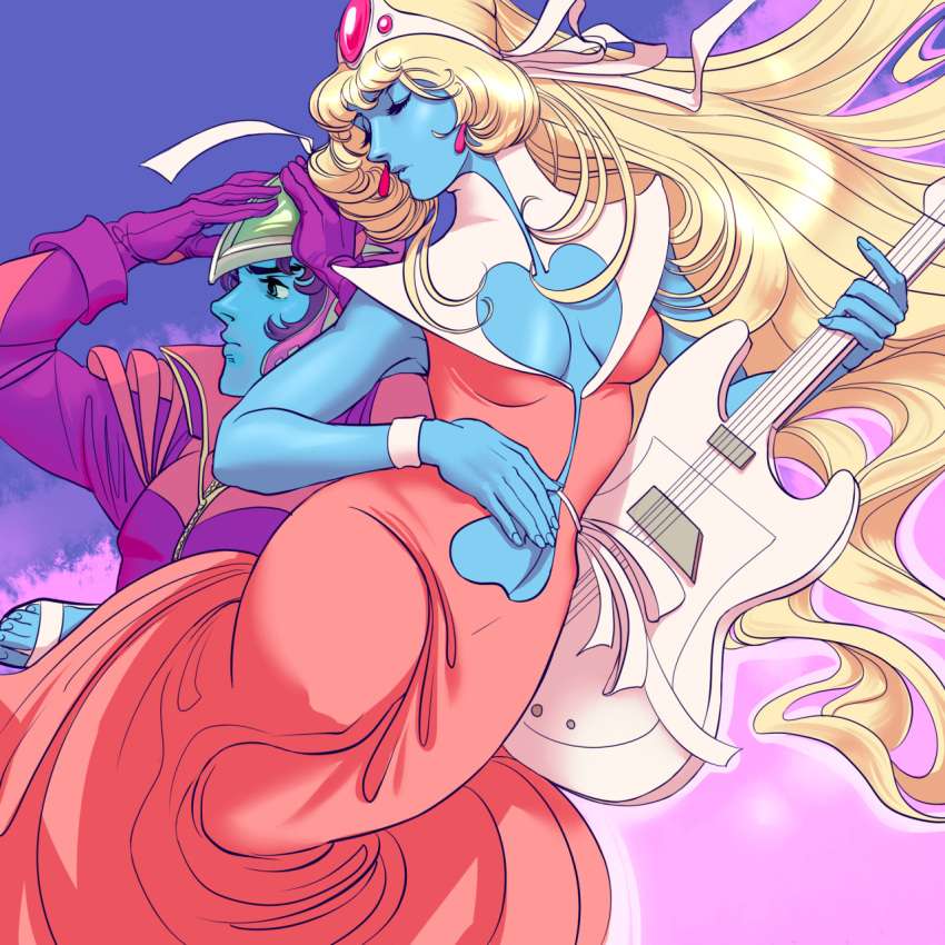 1boy, 1girl, blonde_hair, blue_skin, breasts, cleavage, cleavage_cutout, closed_eyes