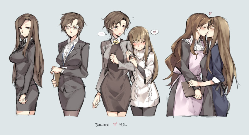 2girls, apron, blush, brown_eyes, brown_hair, dress, formal, gebyy-terar