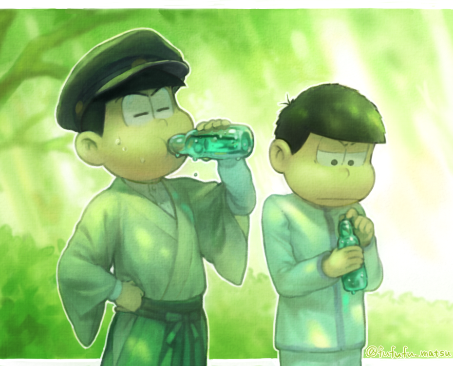 2boys, black_hair, brothers, closed_eyes, drinking, funuyu, gakuran, hakama