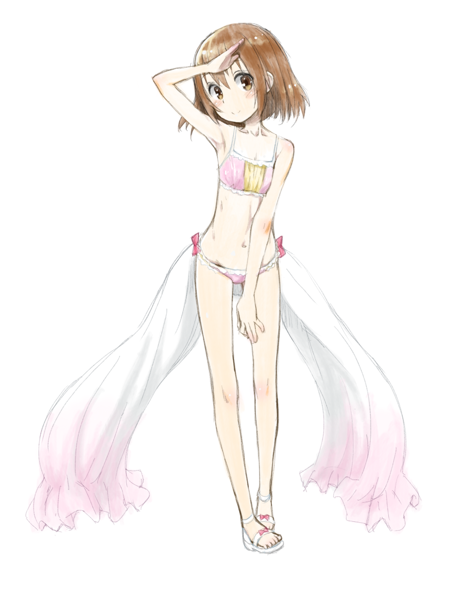 1girl, arm_up, armpits, bare_legs, bare_shoulders, bikini, blush, brown_eyes