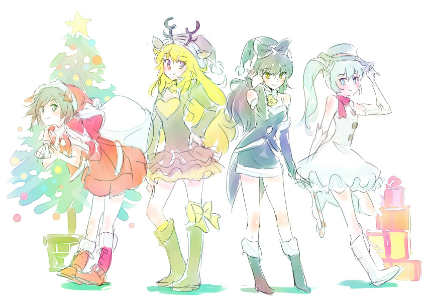 4girls, animal_costume, blake_belladonna, christmas, christmas_elf, christmas_tree, gift, highres, iesupa, multiple_girls, reindeer_costume, ruby_rose, rwby, santa_costume, snowman_costume, weiss_schnee, yang_xiao_long