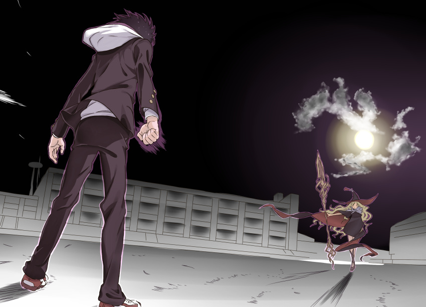 black_sky, building, cape, clenched_hand, clouds, colored, gungnir_(weapon), haimura_kiyotaka, hat, highres, hood, hooded_jacket, hoodie, jacket, kamijou_touma, moon, moonlight, night, night_sky, othinus, polaris55740, shadow, shoes, sky, to_aru_majutsu_no_index, to_aru_majutsu_no_index:_new_testament, witch_hat