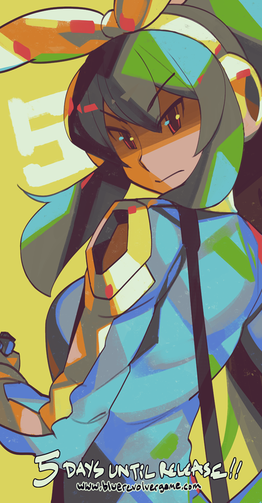 1girl, 5, blue_revolver, clenched_hand, countdown, eric_muentes, green_background, headphones