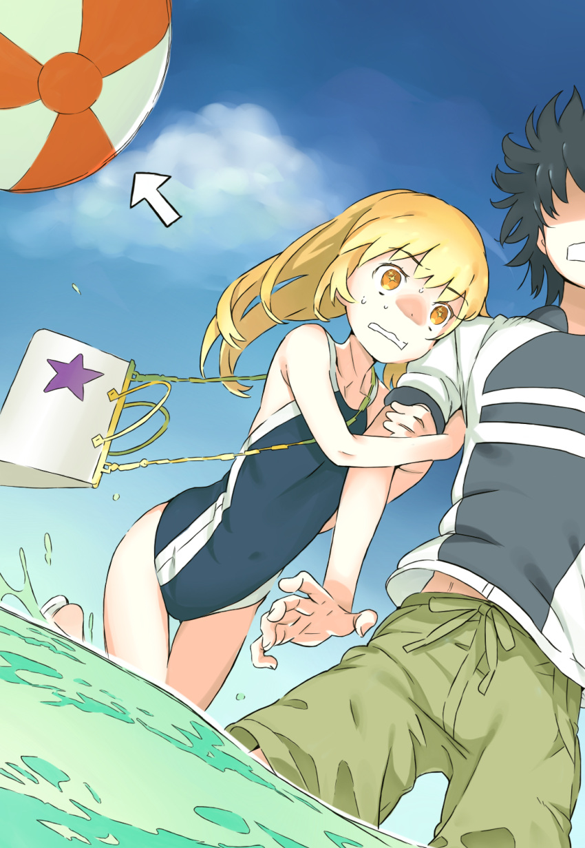 +_+, 1boy, 1girl, bag, ball, beachball, black_hair, blonde_hair