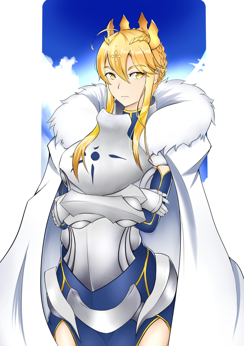 1girl, absurdres, ahoge, armor, artoria_pendragon_lancer_(fate/grand_order), blonde_hair, blue_sky, cape, crossed_arms, crown, fate/grand_order, fate_(series), fur-trimmed_cape, highres, long_hair, saber, sky, solo, watercat, watercat322, white_cape, yellow_eyes