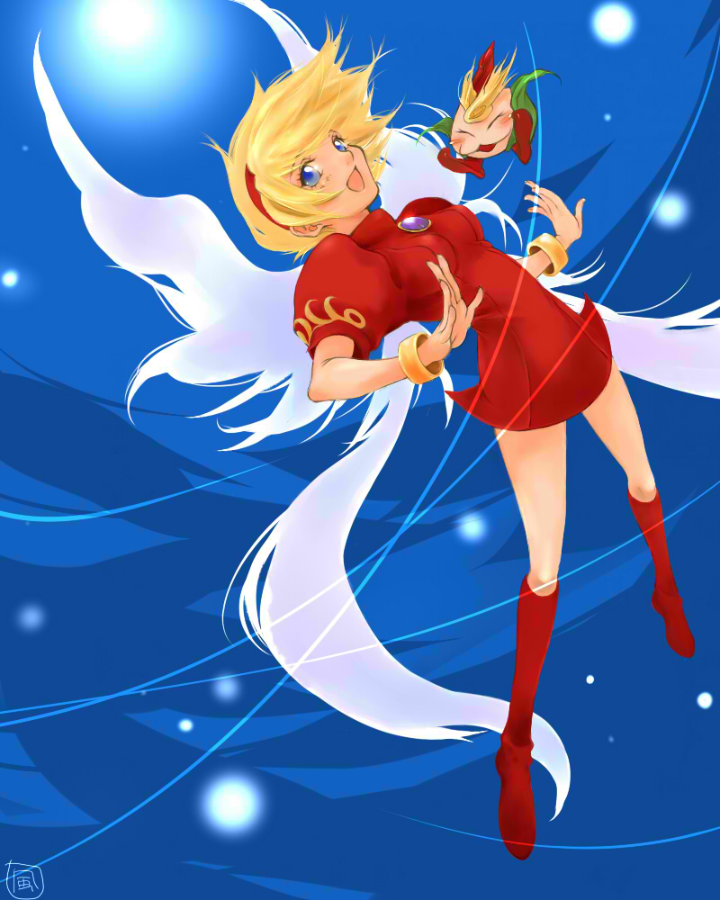 angel_wings, blonde_hair, blue_background, blue_eyes, breath_of_fire, breath_of_fire_iii, d-maker, dress