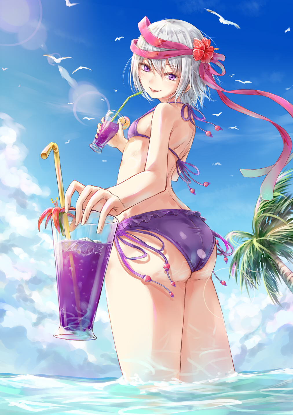 1girl, aira_(gohei708), ass, bandages, bare_shoulders, bikini, bird, blush