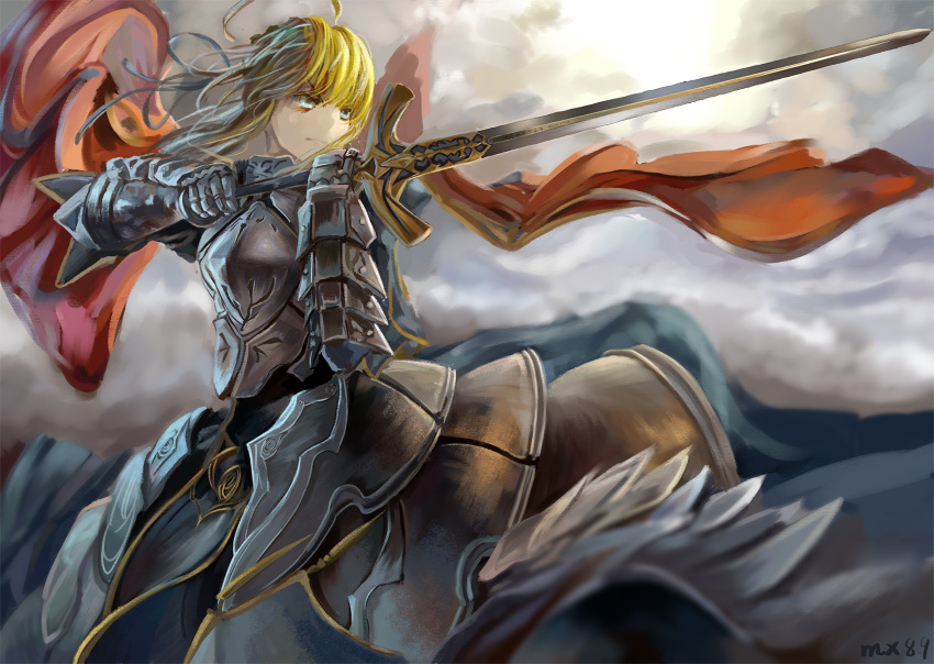 1girl, ahoge, armor, armored_dress, blue_eyes, breastplate, caliburn, cape, fate/stay_night, fate_(series), highres, jmx, saber, solo, sword, weapon