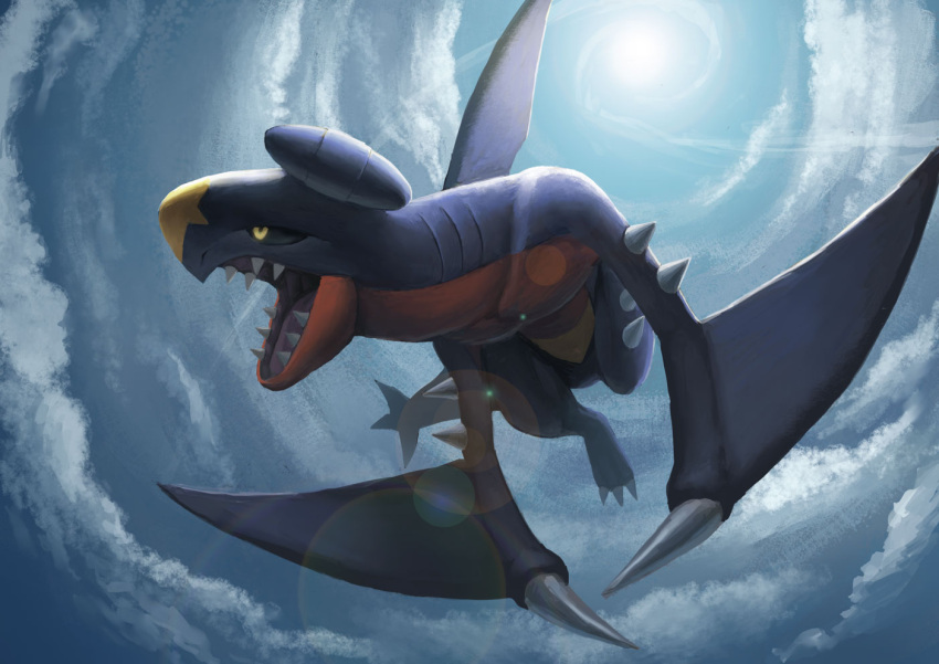 claws, clouds, cloudy_sky, dragon, fangs, floating, garchomp, looking_to_the_side