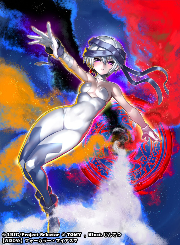 1girl, bandaged_arm, bandages, bare_shoulders, blush, bodysuit, boots, breasts