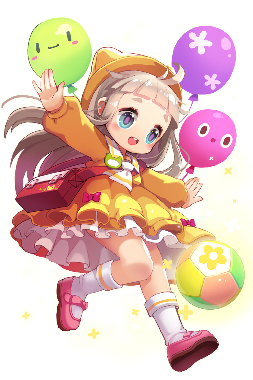 1girl, :d, ahoge, bag, ball, balloon, bangs, blue_eyes