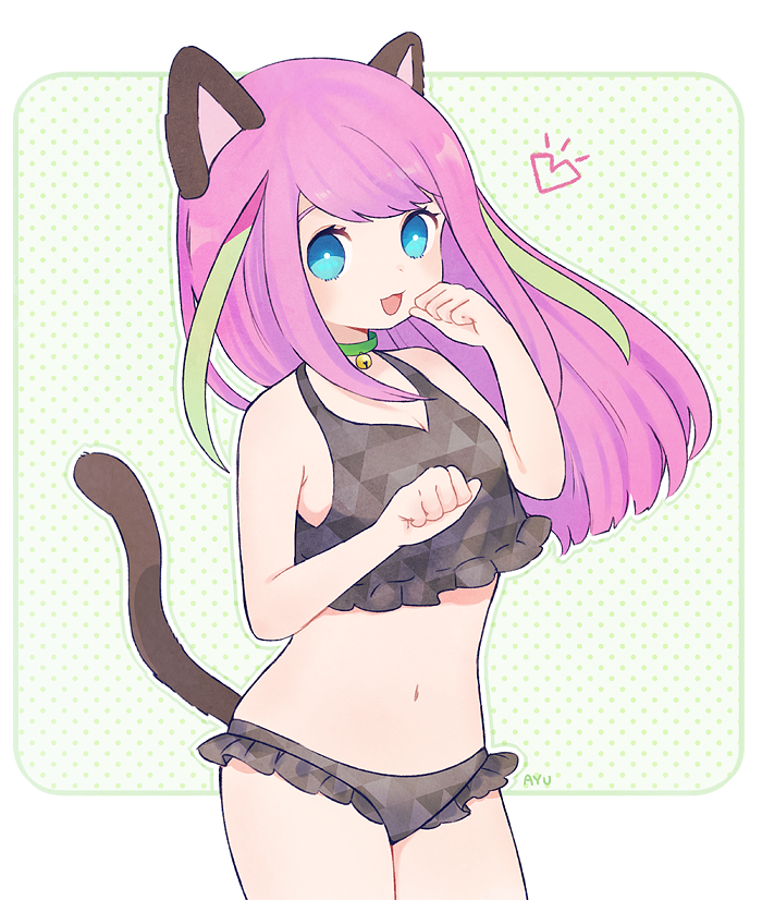 1girl, :3, :d, animal_ears, artist_name, ayu_(mog), bangs, bare_arms