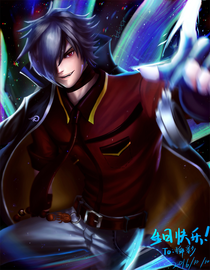 !, 1boy, alternate_hair_color, artist_name, belt, dated, fingerless_gloves, gloves