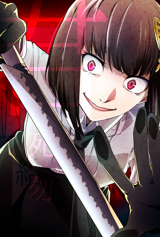 1girl, black_gloves, black_hair, bungou_stray_dogs, butterfly_hair_ornament, gloves, hair_ornament, knife