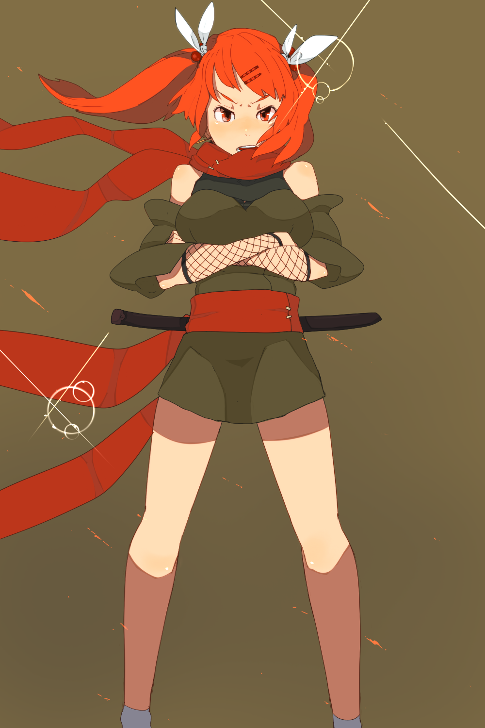 breast_hold, breasts, crossed_arms, hair_ornament, hairclip, highres, katana, large_breasts