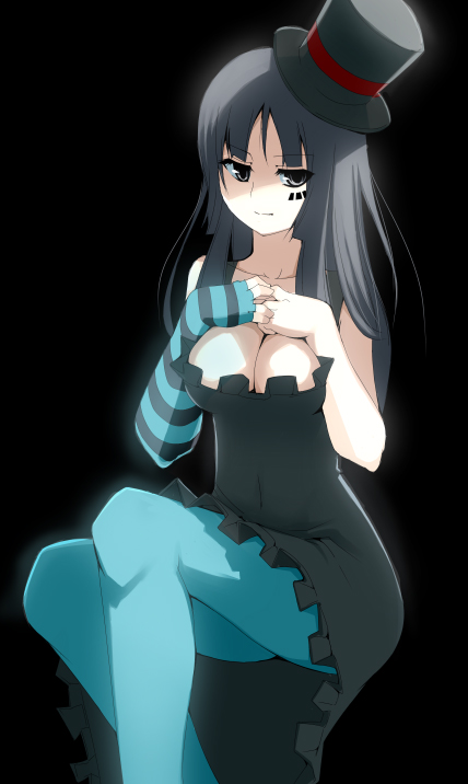 bad_id, black_eyes, black_hair, blue_legwear, breast_clinging, breast_suppress, breasts, cleavage