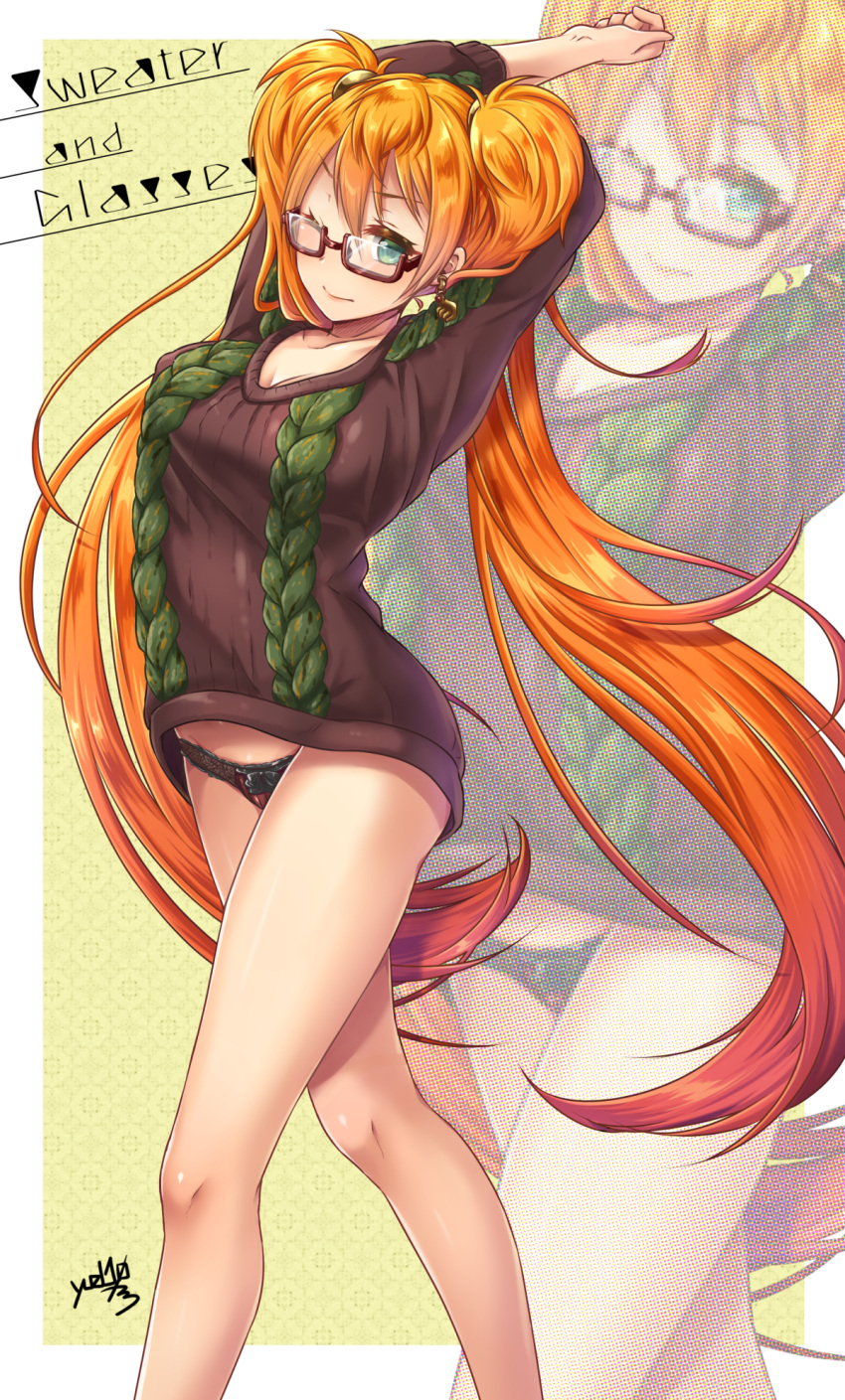 1girl, ;), aran_sweater, arms_up, black_bow, blue_eyes, bow, bow_panties