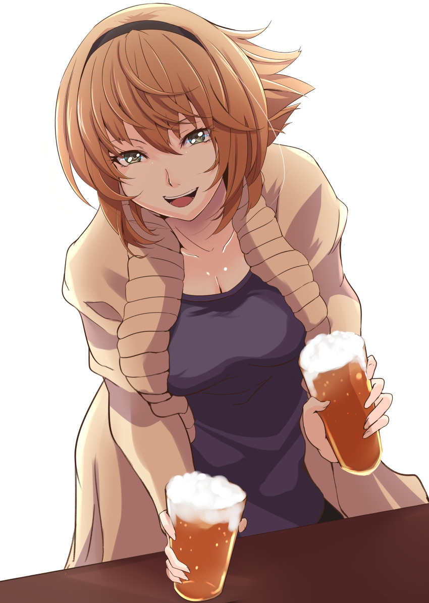 1girl, absurdres, blue_topwear, breasts, brown_hair, casual, cleavage, collarbone