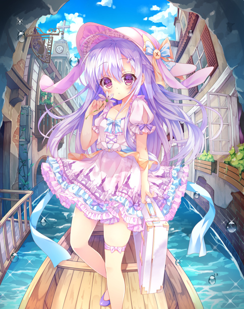 1girl, ahoge, blush, boat, braid, briefcase, building, canal