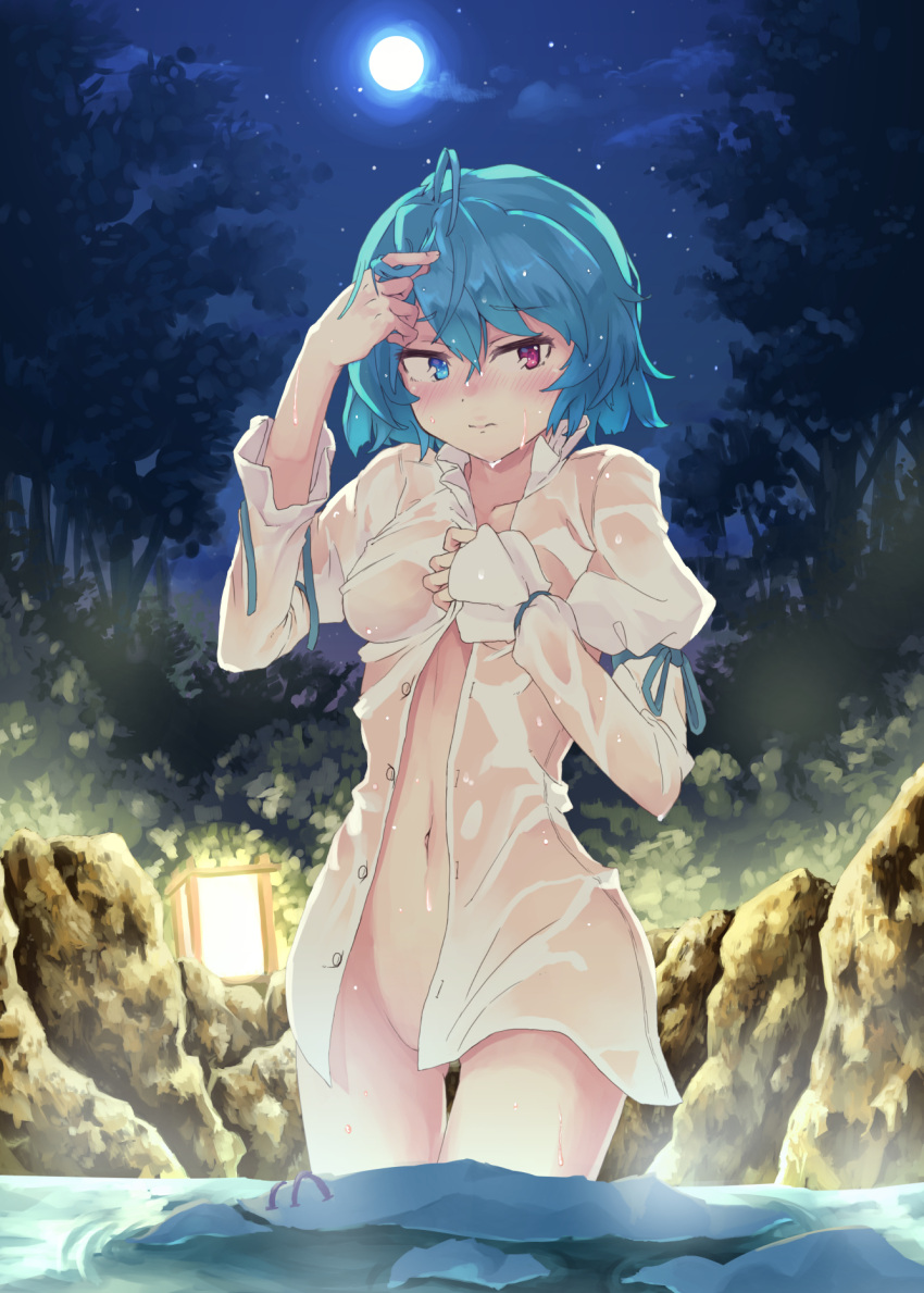 1girl, blue_eyes, blue_hair, blush, full_moon, heterochromia, highres, lantern