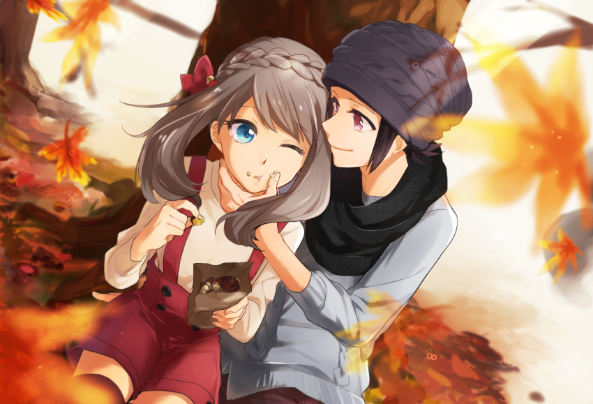 1boy, 1girl, aran_sweater, autumn_leaves, bag, bangs, beanie, black_hair, black_legwear, blue_eyes, blurry, bow, braid, breasts, cleaning_face, closed_mouth, couple, crown_braid, day, depth_of_field, dutch_angle, eyebrows, eyebrows_visible_through_hair, eyelashes, falling_leaves, flipped_hair, food, food_on_face, from_above, grey_hair, hair_bow, hand_on_another's_cheek, hand_on_another's_face, hat, hetero, highres, holding, holding_food, long_sleeves, looking_at_another, looking_at_viewer, mmk_okikami, odamaki_sapphire, one_eye_closed, outdoors, paper_bag, pokemon, pokemon_special, red_bow, red_eyes, red_shorts, ruby_(pokemon), scarf, shorts, small_breasts, smile, suspenders, sweater, swept_bangs, thigh-highs, tree, turtleneck, under_tree, white_sweater