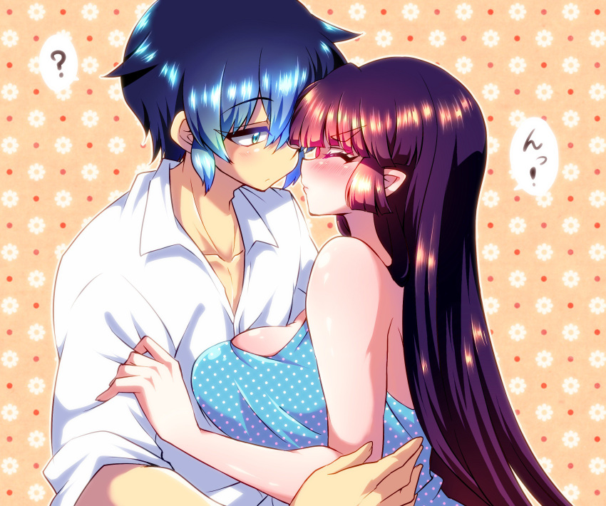 1boy, 1girl, ?, blue_hair, breasts, closed_eyes, dress, eyebrows, eyebrows_visible_through_hair, gradient_hair, green_eyes, highres, jinguu_yakumo, large_breasts, long_hair, looking_at_another, multicolored_hair, natsu_hotaru, original, pink_hair, polka_dot, polka_dot_dress, purple_hair, sakakibara_yukino, short_hair, speech_bubble, spoken_question_mark