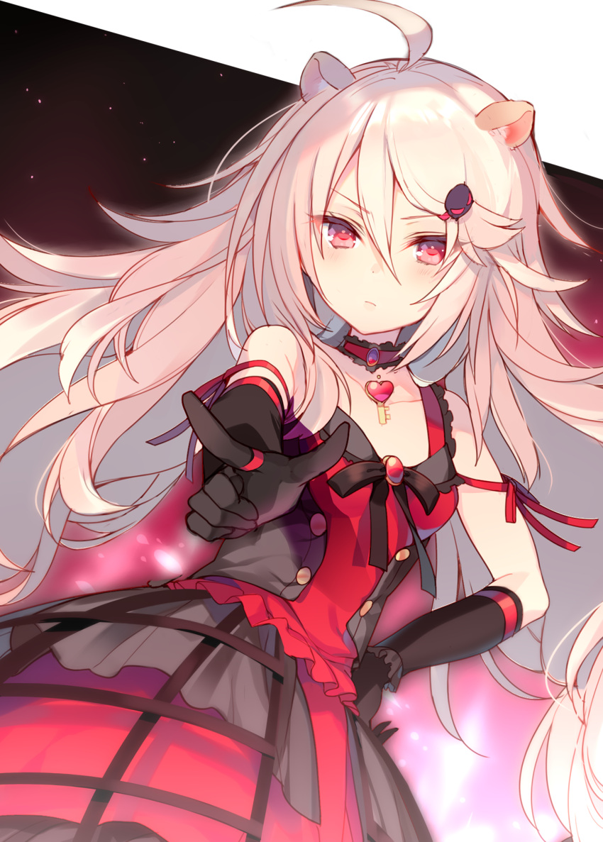 1girl, ahoge, aireen_(show_by_rock!!), animal_ears, blonde_hair, choker, dress, elbow_gloves