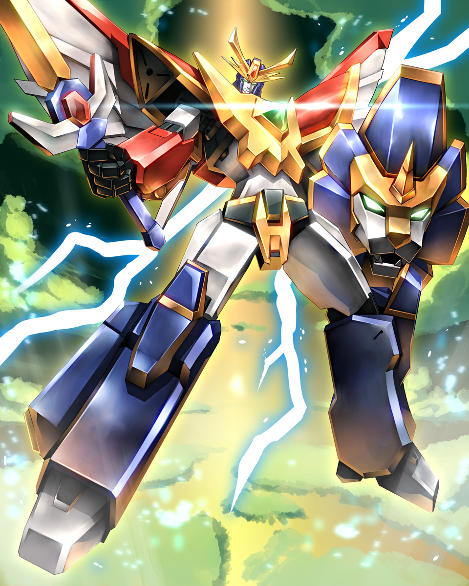fangs, fumizuki_homura, glowing, glowing_eyes, green_eyes, highres, holding, holding_shield, holding_sword, holding_weapon, joints, lion_shield, looking_at_viewer, mecha, mechanical_wings, no_humans, raijin-oo, robot, science_fiction, solo, sword, thunder, weapon, wings, zettai_muteki_raijin-oo